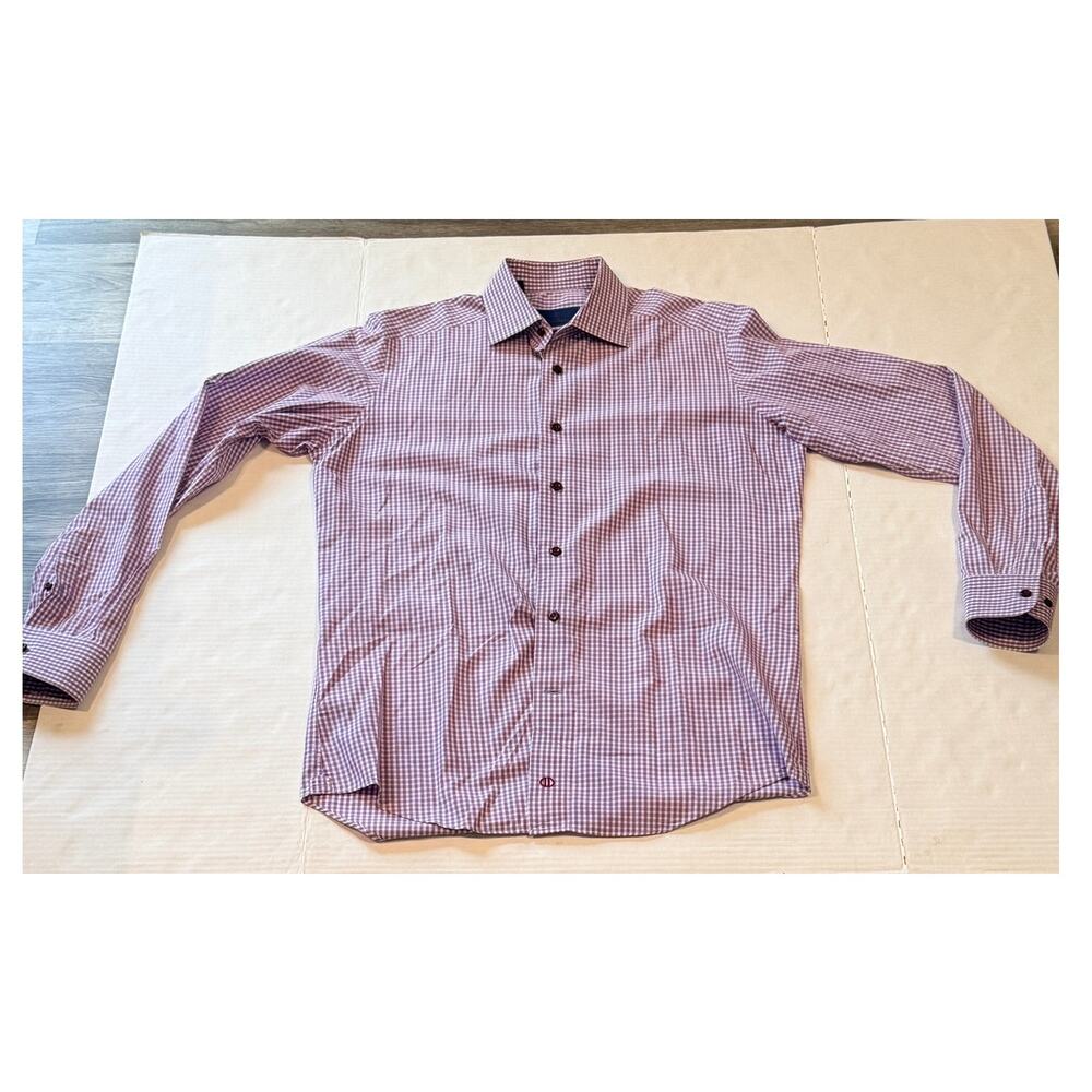 David Donahue Slim Fit Dress Shirt 16 34/35 Purple Gingham Cotton Mens